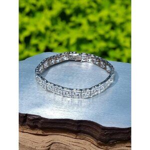 Greek Key Pattern Tennis Silver Bracelet 7" Tiny Diamond Chips - Magnetic Metal